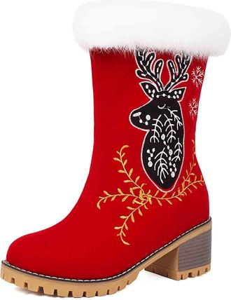 Generic Womens Warm Winter Snow Boots Thick Heel Christmas Mid-Calf Boot Soft and Comfortable Fur Lined Non-Slip Ankle Boot Ladies Red Festival Shoes Outdoor 