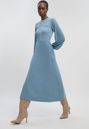 Karen Millen Womens Viscose Blend Maxi Knit Dress With Chiffon Sleeve Military Trim - Light Blue Polyamide - Size X-Small