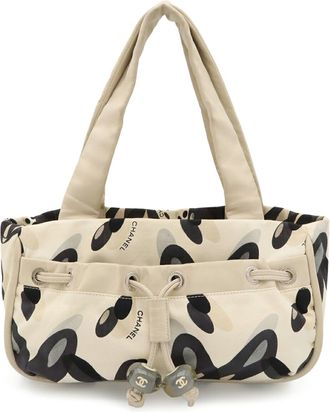 Chanel Black Gray Ivory Canvas Shoulder Bag Tote Bag (Pre-Owned)