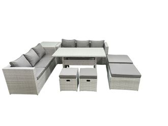 Fimous Rattan Garden Furniture Set Outdoor 10 Seater Patio Dining Sets with Glass Top Dining Table & Side Table Light Grey Mixed