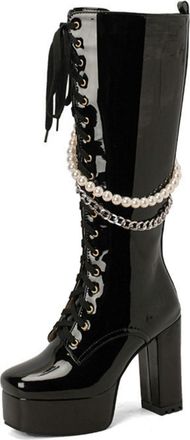 Generic Womens Patent Leather Lace-Up Front Biker Boots with Platform Chunky Heel & Pearls Chain Accents,Punk Gothic Style,Black,5.5 UK