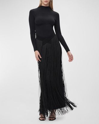 H&eacute;rve L&eacute;ger Sloane Long-Sleeve Fringe Gown