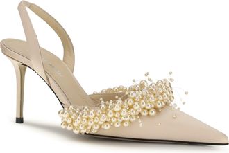 Mach & Mach Womens Slingback Pumps With Pearls Golden Silk High Heel Shoes