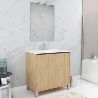 Aurlane Aurlane - Pack Mueble De Ba&ntilde;o 80 Cm Roble Claro 2 Puertas, Lavabo, Espejo 60x80 Y Aplique Led