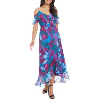 London Times Cold Shoulder Ruffle Maxi Dress in Blue/Jade at Nordstrom Rack, Size 4P