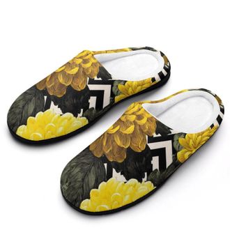 Generic Yellow Chrysanthemum Flowers Stripes Slippers Men Winter Warm Cotton Anti-Slip Indoor Slip-Ons House Shoes