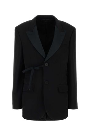Balenciaga Satin Lapel Wool Blazer - Black