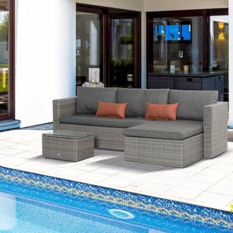 OUTSUNNY 3 PCS Outdoor PE Rattan Furniture Sofa Set w/ Tempered Glass Table & Cushions in Grey