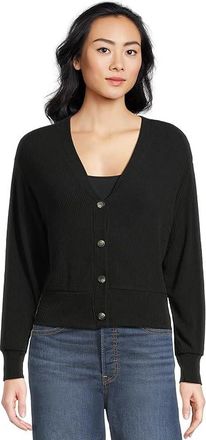 Michael Stars Ilsa V-Neck Cardigan Womens Sweatshirt Black : LG (US 8-10), Denim/Polyester/Rayon
