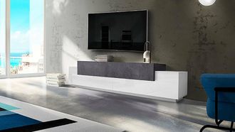 Dmora Dmora - Mueble De Televisi&oacute;n Dlamann, Aparador Bajo Para Sal&oacute;n, Base Soporte Tv, 100% Made In Italy, Cm 240x45h52, Blanco Brillo Y Pizarra