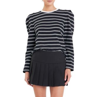 English Factory Stripe Puff Sleeve Top in Black/Off White at Nordstrom, Size X-Small