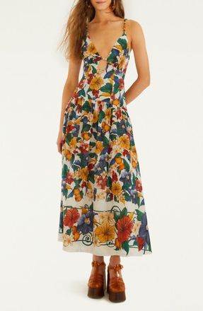 Farm Rio Tropical Print Plunge Neck Drop Waist Midi Dress in Tropi Off-White at Nordstrom, Size Xx-Small