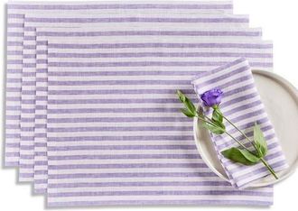 Solino Home Linen Placemats Set of 4, 14 x 19 Inch for Dining Table, Holiday and Everyday Table Decor - Amalfi Stripe in Violet And White at