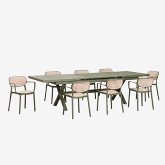 Sklum Set De Mesa Rectangular 240-300x100 Cm Extensible Karena Y 8 Sillas De Comedor Apilables Con Reposabrazos Omara Sklum