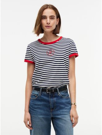Tommy Hilfiger Womens Script Monogram Striped Ringer T-Shirt - Carbon Navy - XXL
