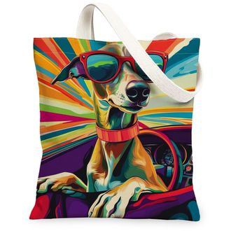 Generic Greyhound Dog Canvas Tote Bag for Shopping 13x15, Pop Aesthetic Funky Puppy Reusable Grocery Print Pattern Bag for Women, Cool Pet Beach Aesthetic Pai