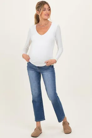 Pinkblush Medium Wash Ankle Straight Leg Maternity Jeans in Blue at Nordstrom, Size 27 29