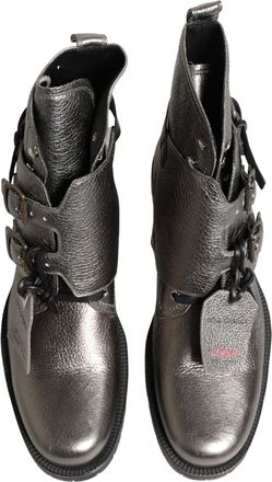 Dolce & Gabbana Mens Metallic Silver Leather Buckle Ankle Boots Shoes