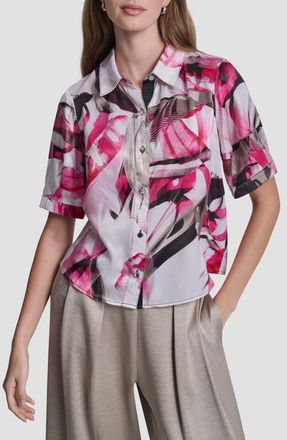 DKNY Lantern Sleeve Satin Button-Up Shirt in Spring Wisps at Nordstrom, Size X-Large
