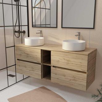 Aurlane Aurlane - Mueble de Baño 140cm Roble - 4 Cajones y Módulo - Lavabos Blancos Ø36cm