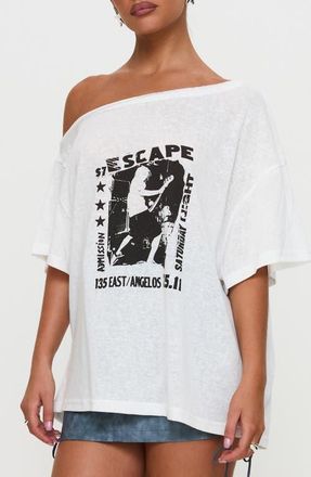 Princess Polly Kippa Off the Shoulder Oversize Graphic T-Shirt in White at Nordstrom, Size 10