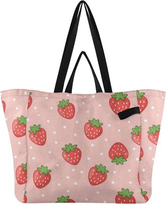 Generic Strawberries Dots Pink pattern Reusable Canvas Tote Bag, Heavy Duty Grocery Shopping Bag with Hard Bottom Large Capacity Double Handles Work Groceries