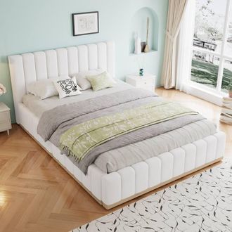 Merax 4ft6 Double White PU Leather Upholstered Bed with Fluted Headboard