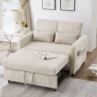 Merax 112cm 2-Seater Pull-Out Sofa Bed with Adjustable Backrest in Beige