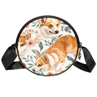 Generic Circle Crossbody Bag for Women, Corgi Dogs Small Sling Bag Daypack with Zipper Adjustable Shoulder Straps Casual Ladies Girls Round Purse