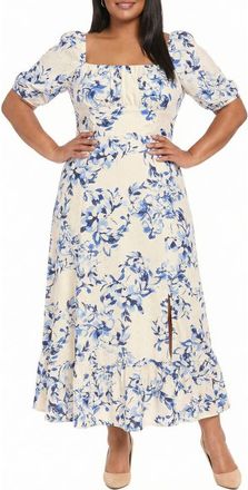 London Times Floral Puff Sleeve Empire Waist Midi Dress in Ivory /Deep Blue at Nordstrom Rack, Size 14W