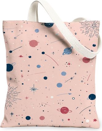 Generic Cosmic Pattern Canvas Tote Bags, Galaxy Stars Space Design Reusable Shopping Bags, Summer Stylish Lightweight Washable Shou, Peach, 13x15 Inch