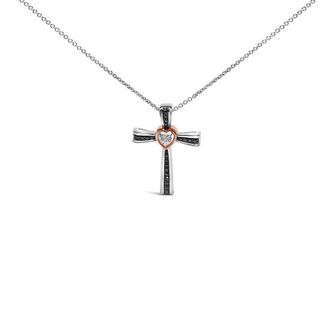 House of Brilliance 14K Rose Gold Plated Sterling Silver Black Rhodium Diamond Accent Heart Cross Pendant Necklace