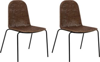 Beliani Conjunto De 2 Sillas Patas De Hierro Respaldo Y Asiento De Rat&aacute;n Sin Reposabrazos Dise&ntilde;o Boho Marr&oacute;n Oscuro Roxton