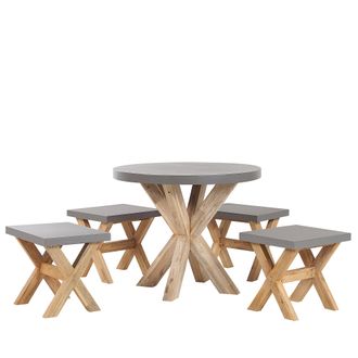 Beliani Conjunto De Comedor Para Jard&iacute;n De Cemento Reforzado Gris Con Patas De Madera De Acacia Para 4 Personas Mesa Redonda Con 4 Taburetes Olbia