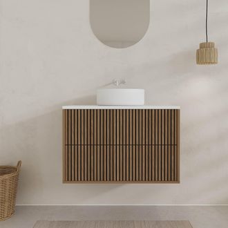 Aurlane Aurlane - Mueble De Ba&ntilde;o 80cm Acanalado Roble Y Negro - Encimera Y Lavabo Blanco
