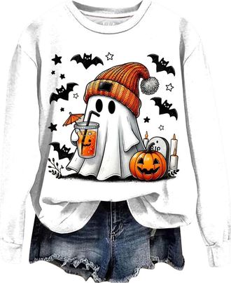 Generic Halloween Jumper Women UK Crewneck Sweatshirt Cute Ghost Fashion Print Pullover Tops Long Sleeve Blouse Lightweight Fall Pullover for Winter