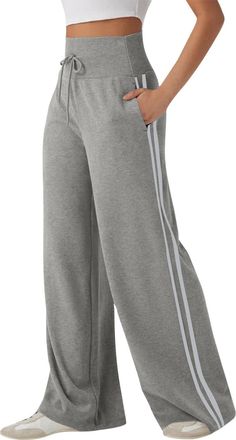 Generic Womens High Waisted Wide Leg Trousers with Side Stripes, Drawstring Casual Lounge Pants with Pockets, Wide Leg Joggers for Women UK, Ladies Palazzo Pa