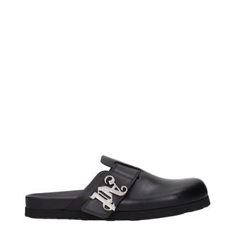Palm Angels Black Leather Mens Slippers