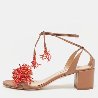 Aquazzura Brown Leather Panarea Beaded Ankle Tie Sandals