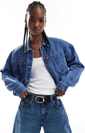 Noisy May boxy cropped denim jacket in mid wash blue