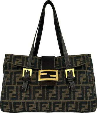 Fendi Black Brown Canvas Leather Handbag Tote Bag (Pre-Owned)