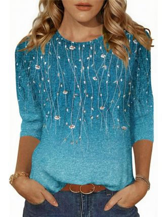 Zeagoo Blouses for Women 3/4 Sleeve Floral Tops Casual Crew Neck Blouse Summer Teal XXXL