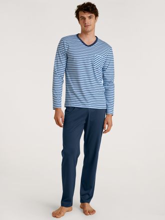 CALIDA Pyjama CALIDA Relax Streamline, Herren, Gr. XXL (58/60), blau (cascade blau), Interlock, Obermaterial: 100% Baumwolle, unifarben, bequem lang, V-Aussc