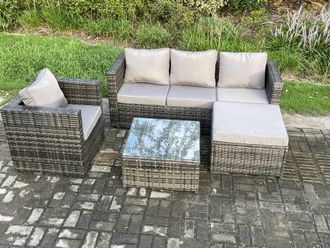 Fimous Rattan Garden Furniture Set Patio Outdoor Lounge Sofa Set with Armchair Square Coffee Table Big Footstool Dark Grey Mixed