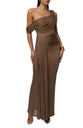 JLUXLABEL Drape Metallic One-Shoulder Gown in Brown at Nordstrom, Size Medium