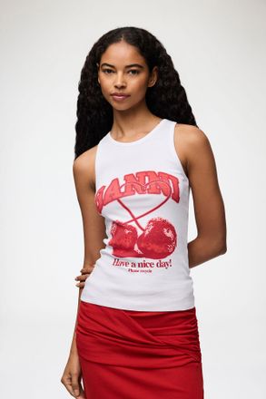 Ganni White Tank Top with Cherry - Size M Organic Cotton