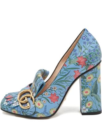 Gucci 100mm floral fringe block-heel pumps - Blue