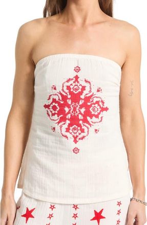 Brixton The Lola Medallion Print Strapless Cotton Top in Off White/robust Red at Nordstrom, Size X-Large