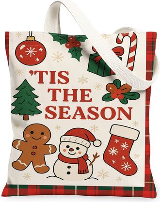 Generic Christmas Canvas Tote Bags, Holiday Pattern Reusable Grocery Bags, Winter Vintage Lightweight Washable Shoulder Strap for O, Red, 13x15 Inch