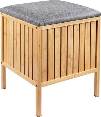 Relaxdays Relaxdays laundry hamper with seat, bamboo, padded lid, HxWxD 52 x 39 x 39 cm, bathroom stool with storage, natural/grey